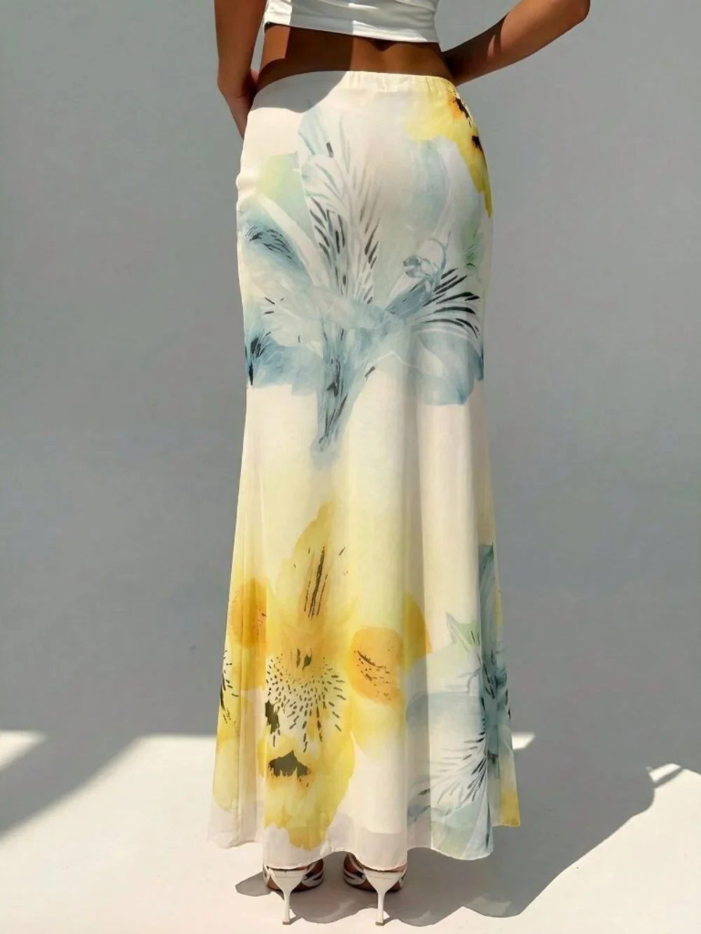 Yellow Boho Women's Elegant Floral Print Low Waist Skirt